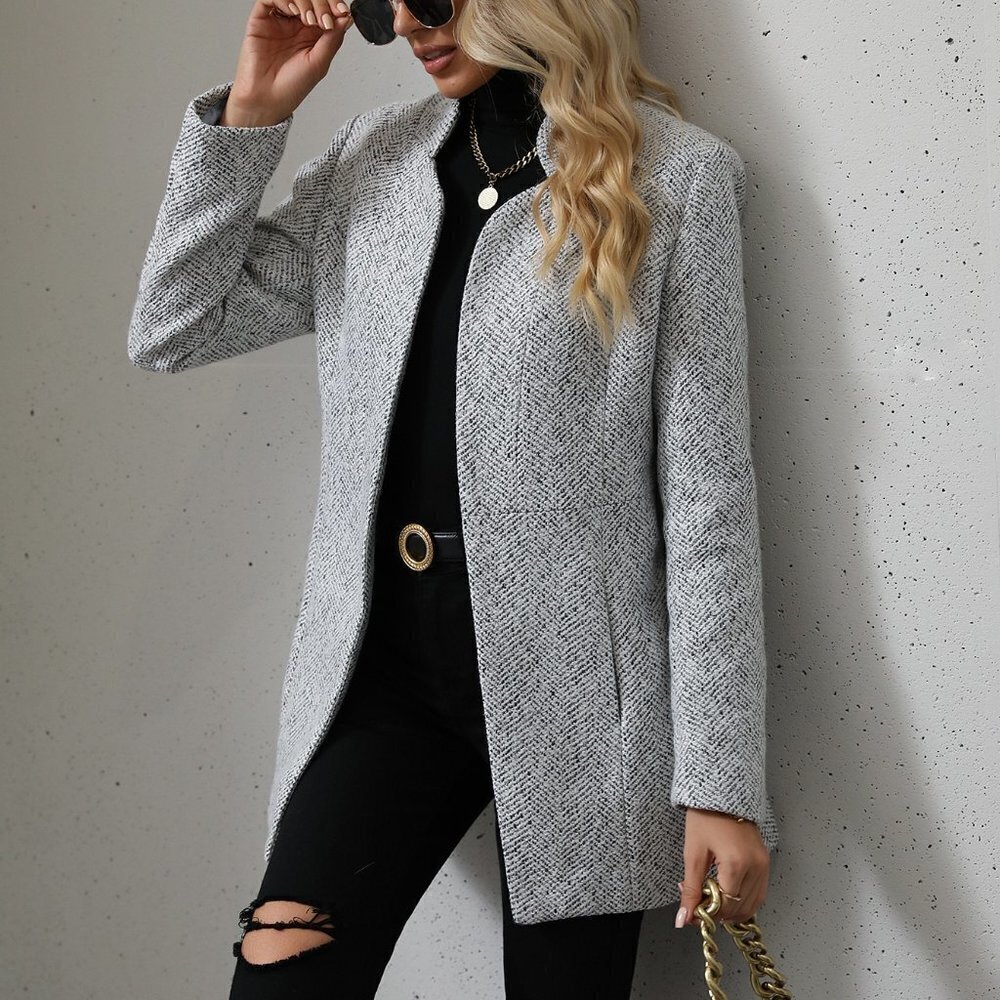 Grey Womens Plaid Pattern Flap Pocket Drop Shoulder Belted Tweed Overcoat